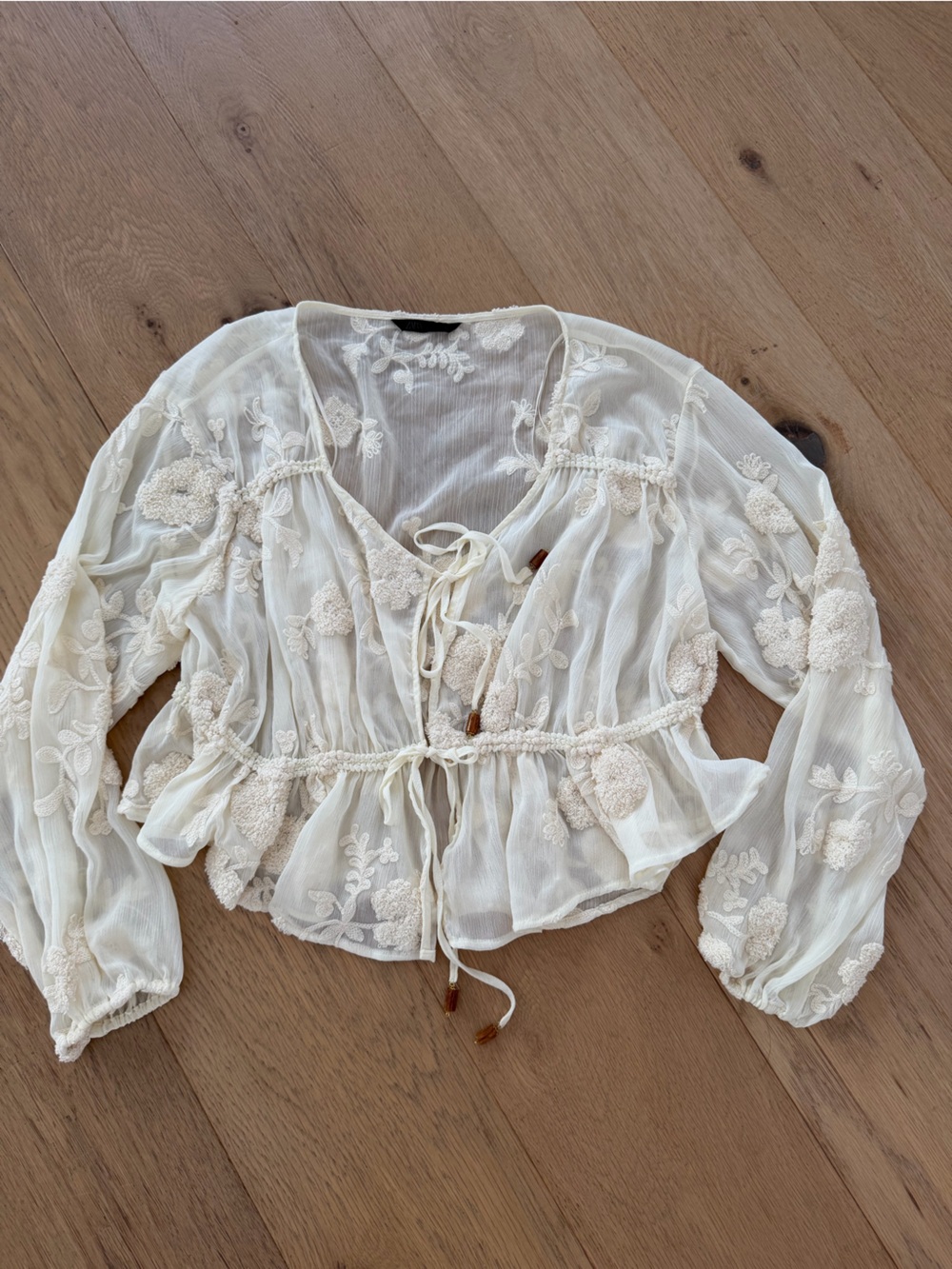 Zara Ivory Sheer Embroidered Tie-Front Blouse